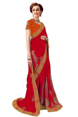 Red Kalamkari Embroidery Design Silk Saree