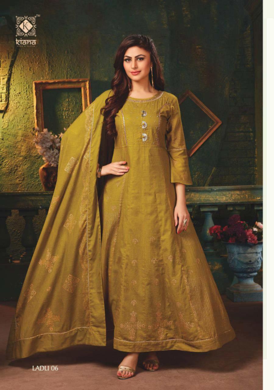 Dry Cleaning Cotton Mull Floor Length Long Kurti ( With Handwork / Peetawork And Gold Foil Print) With Dupatta Gold Print