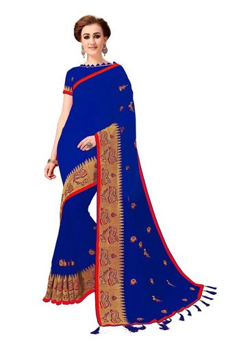 Blue Embroidery Bordered Silk Saree