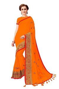 Orange Embroidery Bordered Silk Saree