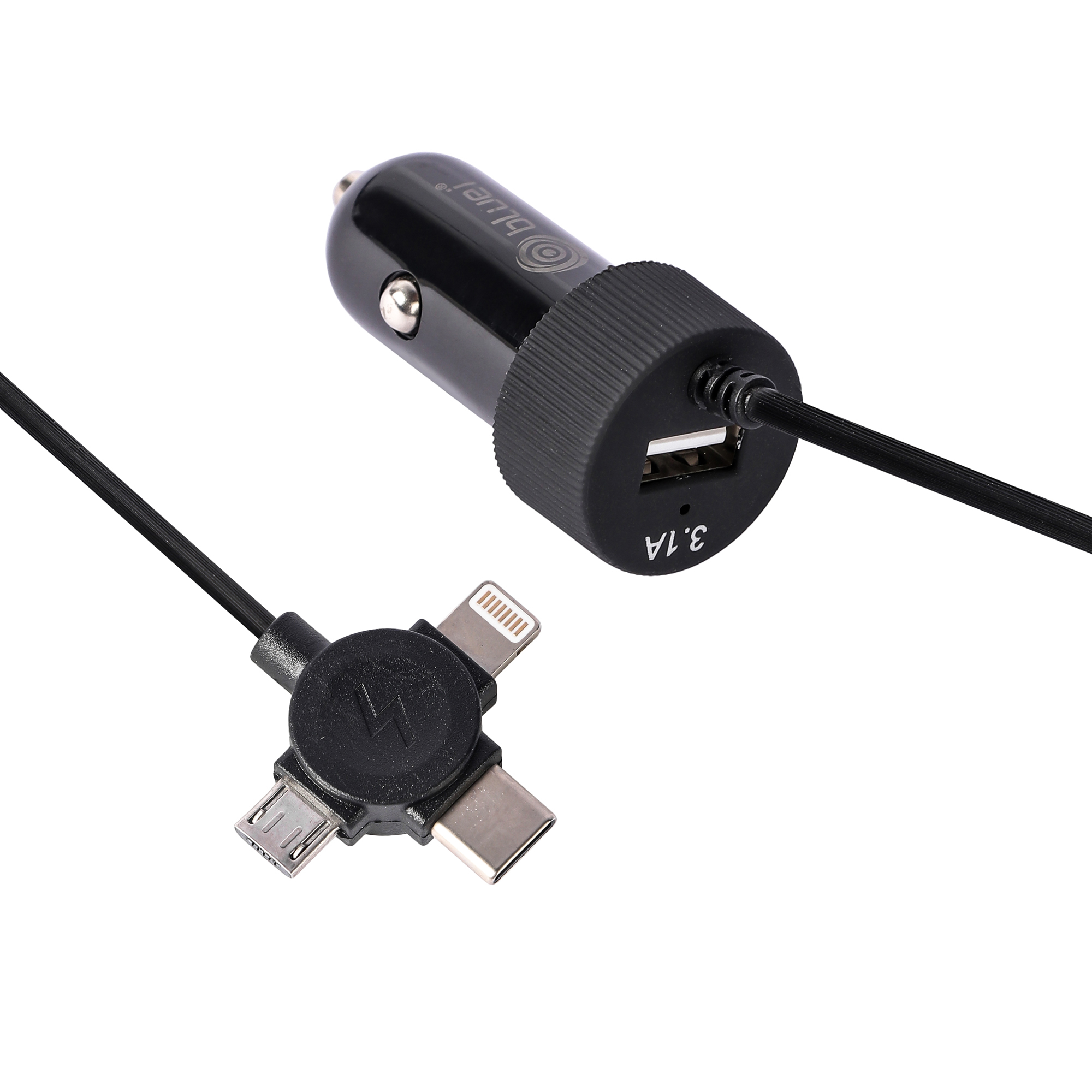 Bluei Cc-11 3.1amp Fast Car Charger - Abs Plastic, 70x30x160mm | Single Usb Port, Built-in 3-in-1 Cable, Overcharge Protection