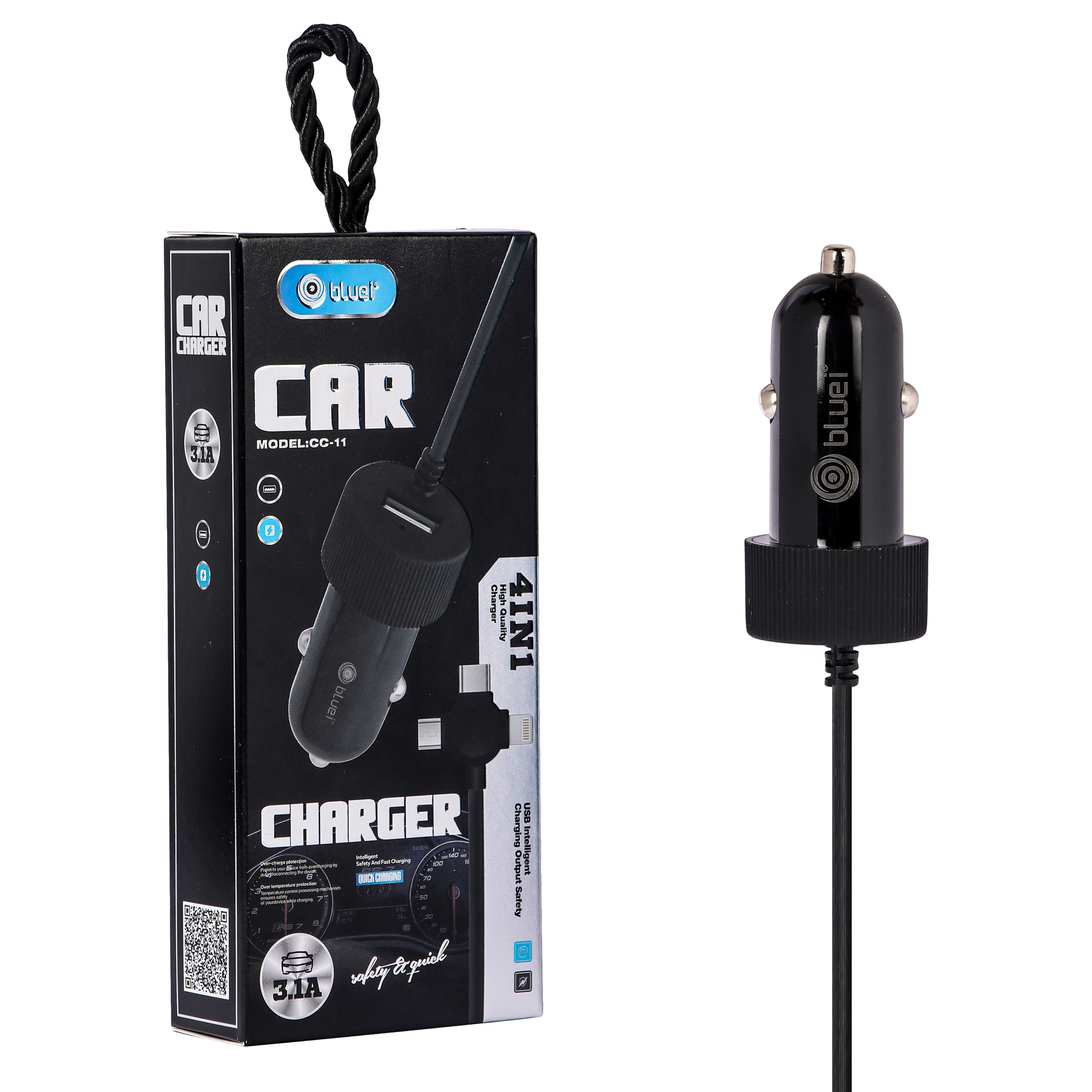 Bluei Cc-11 3.1amp Fast Car Charger - Abs Plastic, 70x30x160mm | Single Usb Port, Built-in 3-in-1 Cable, Overcharge Protection
