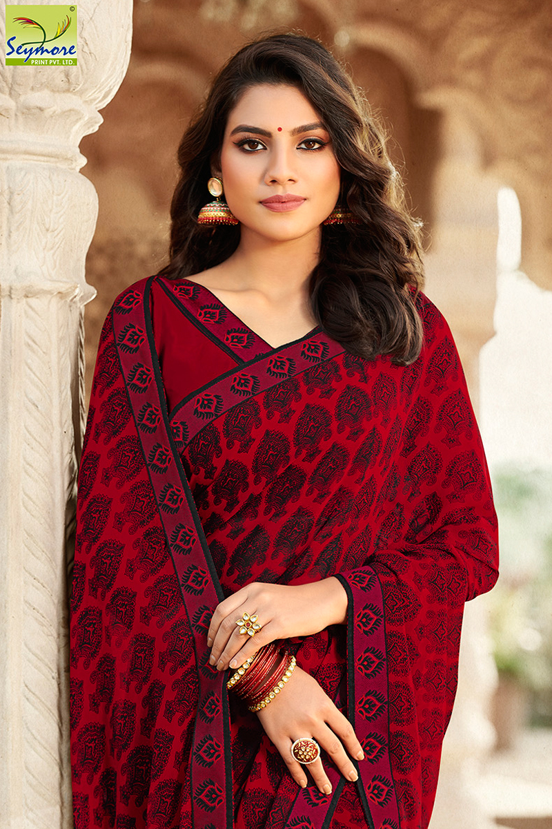 Maroon Georgette Heavy Saree - Bollywood Style, Beautiful Prints & Elegant Fancy Border, Comfortable For All Occasions