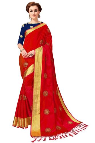 Silk Saree - 5.5 Mtr with Embroidered Animal Pattern and Tassel Border | Festive Wear in Red with Beaded Closure