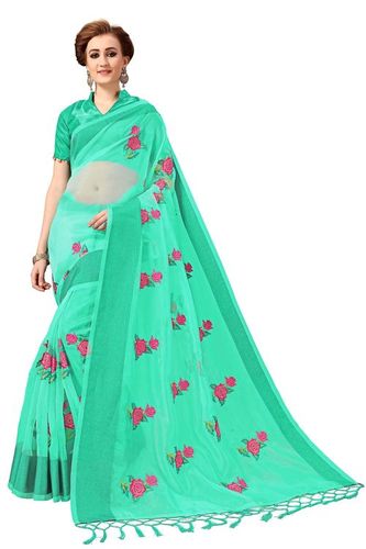Green Rose Design Embroidered Saree