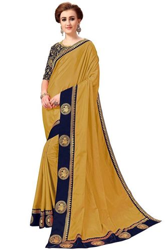 Yellow Animal Design Embroidery Lace Border Work Saree