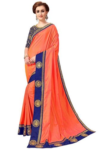 Silk Saree - 5.50 Mtr Length, Orange Color | Animal Design Embroidered Lace Border, Unstitched Dupion Silk Blouse, Ideal for Parties and Festivals