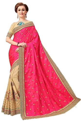 Silk & Satin Saree - 5.50 mtr Length, Unstitched Blouse 0.80 mtr | Heavy Embroidery with Stone Work, Pink and Cream, Bollywood Style for Festive Occasions