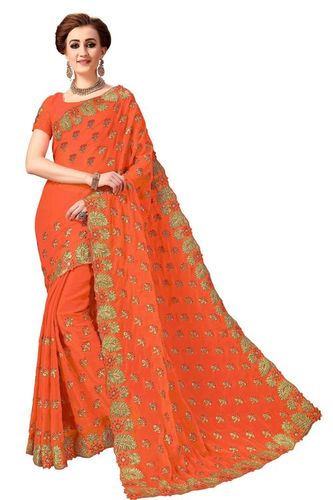 Orange And Gold Heavy Embroidered Net Saree With Stone Work