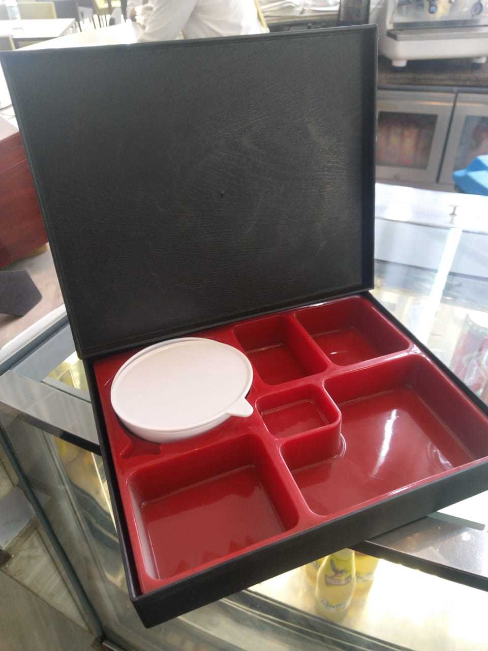 Red Inside & Matt Black Outside Bento Box 6 Compartment With Bowl