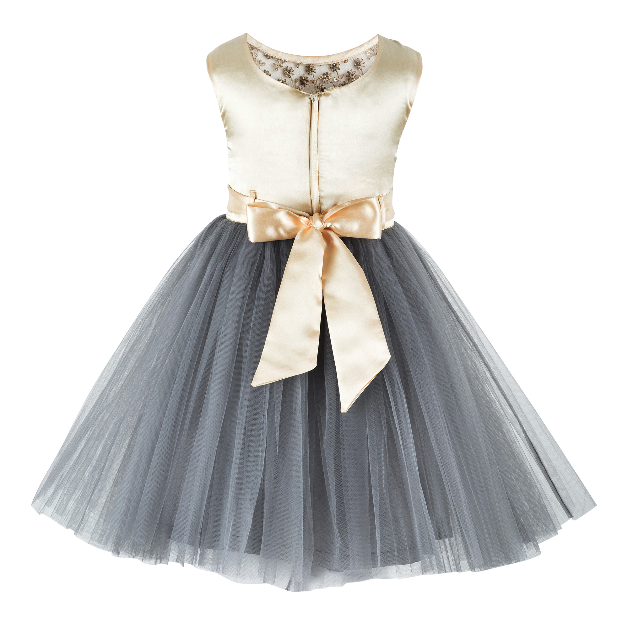 Embroidered Grey Girls Party Frock - Polyester Material, Customized Size | Floral Waistband, Comfortable Cotton Lining, Satin Slash Belt, Back Zip Closure