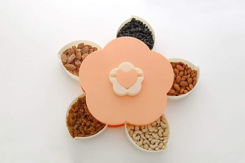 Flower Design 5 Sections Storage Box - Abs Plastic, Heart Shape Top With Mobile Stand | Capacity 200 Ml Per Section, Ideal For Dry Fruits And Snacks