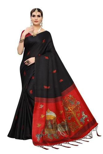 Black Khadi Jalar Rad Pallu - Khadi Silk Fabric, Multicolor Pattern, Printed Design | Ideal for Daily Wear in All Seasons