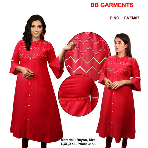 Ladies Cotton Kurti - Rayon Material, 46 Inch Length | A-Line Style, Available in Customized Sizes, Perfect for Ladies in 4 Elegant Colors