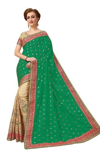 Green And Cream Silk Satin Embroidered Saree