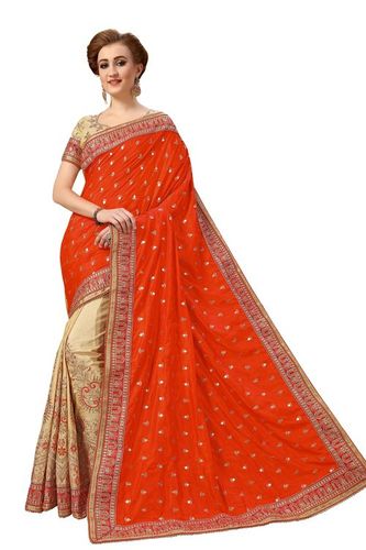 Orange Embroidered Satin Silk Saree
