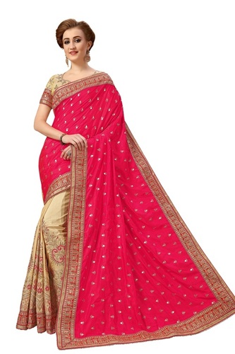 Pink And Cream Satin Silk Embroidered Saree