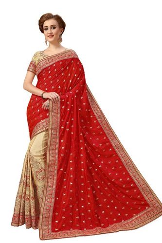 रेड एंड क्रीम सिल्क एम्ब्रायडरी हाफ एंड हाफ साड़ी
