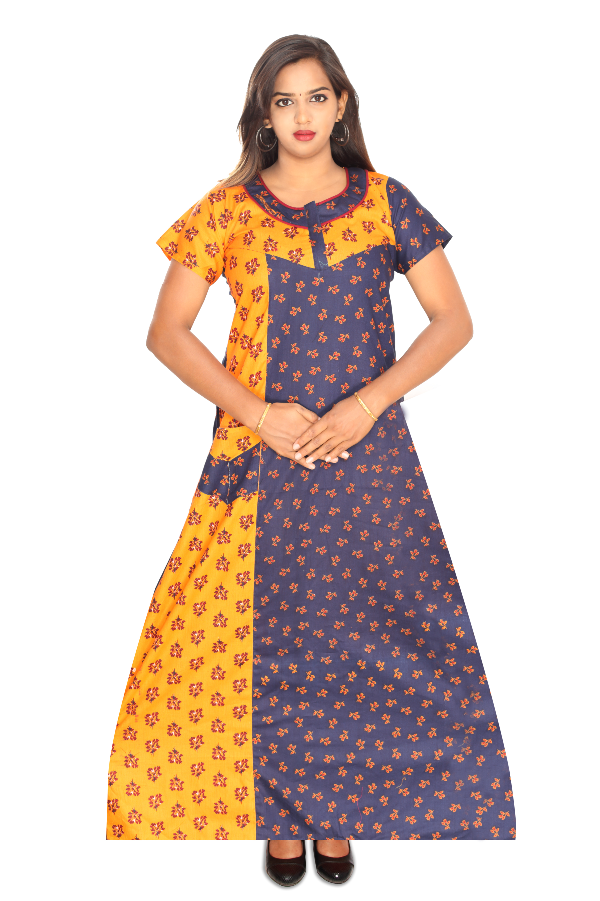 Cotton Nighty - Cotton, Available In Sizes S, M, L, Xl, Xxl, Multicolor | Features Breathable, Washable, Printed, Embroidered, Short Sleeves