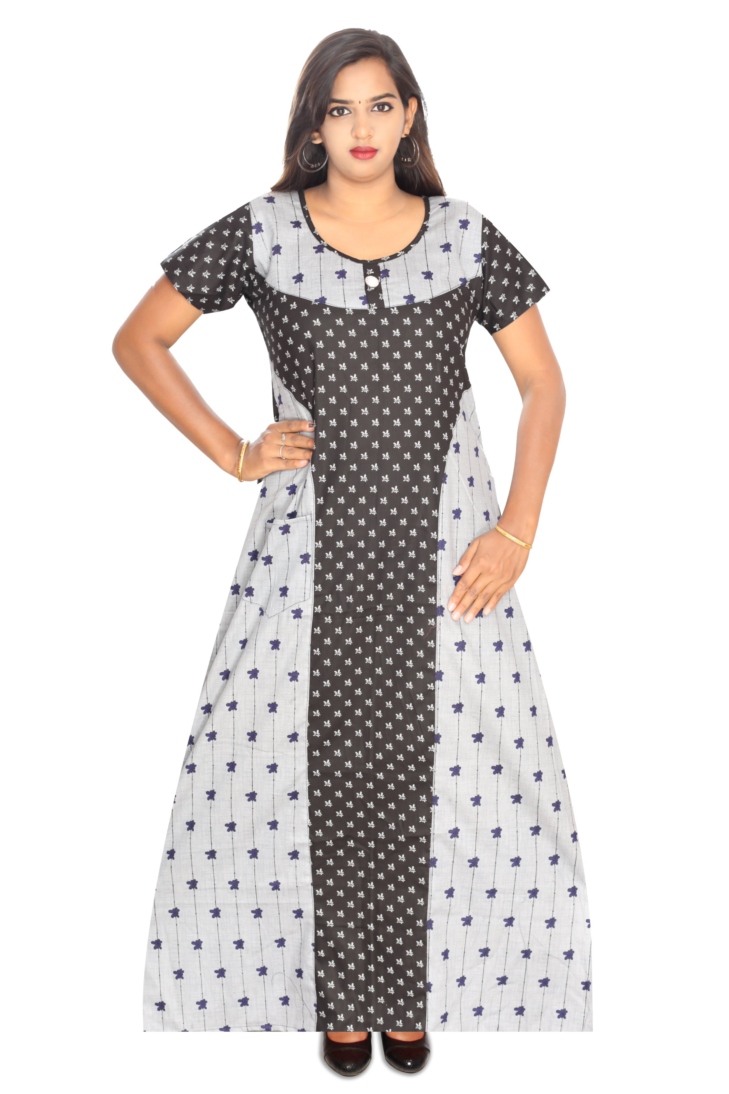 Cotton Nighty - Cotton, Available In Sizes S, M, L, Xl, Xxl, Multicolor | Features Breathable, Washable, Printed, Embroidered, Short Sleeves