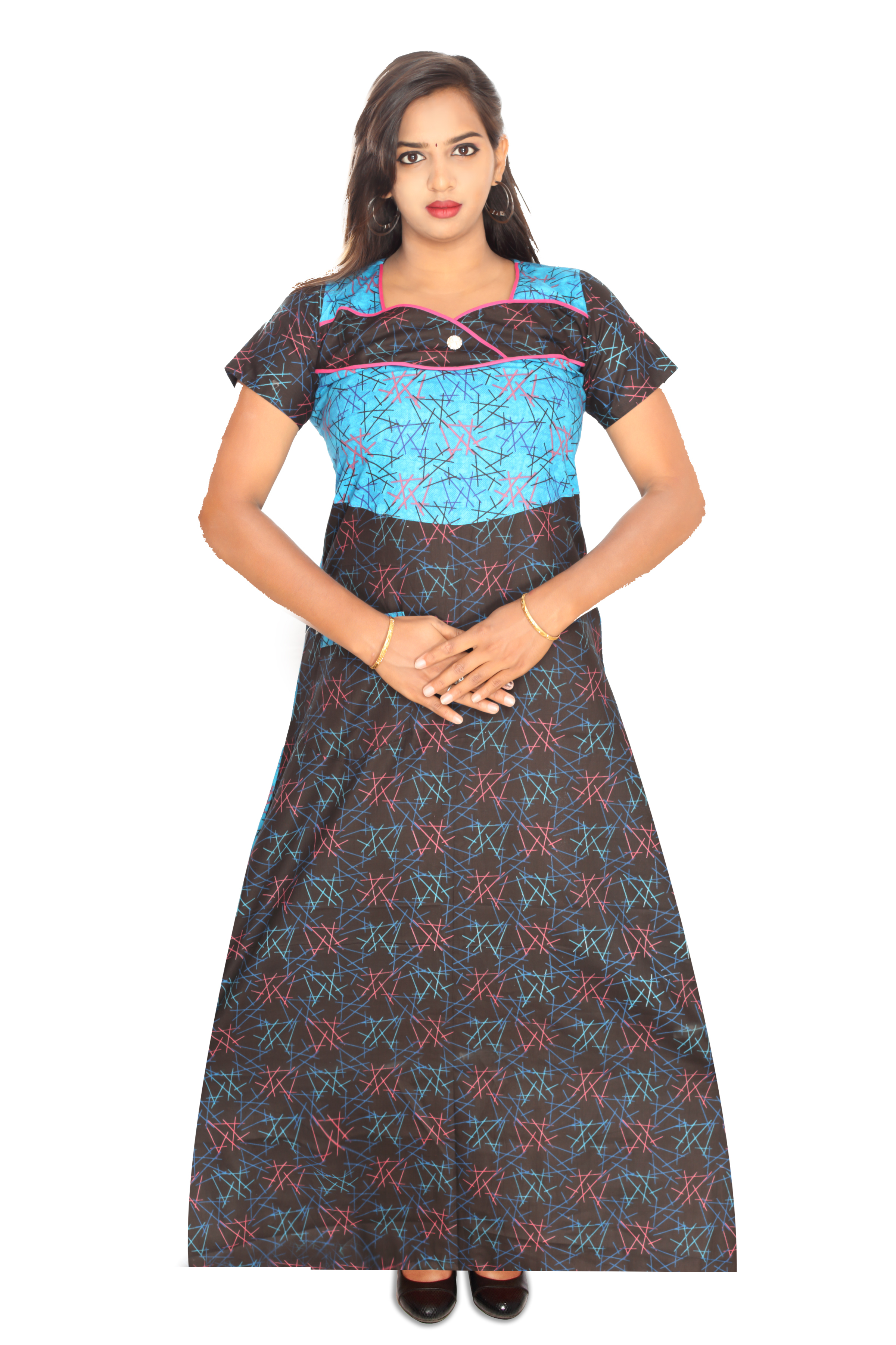 Cotton Nighty - Cotton, Available In Sizes S, M, L, Xl, Xxl, Multicolor | Features Breathable, Washable, Printed, Embroidered, Short Sleeves