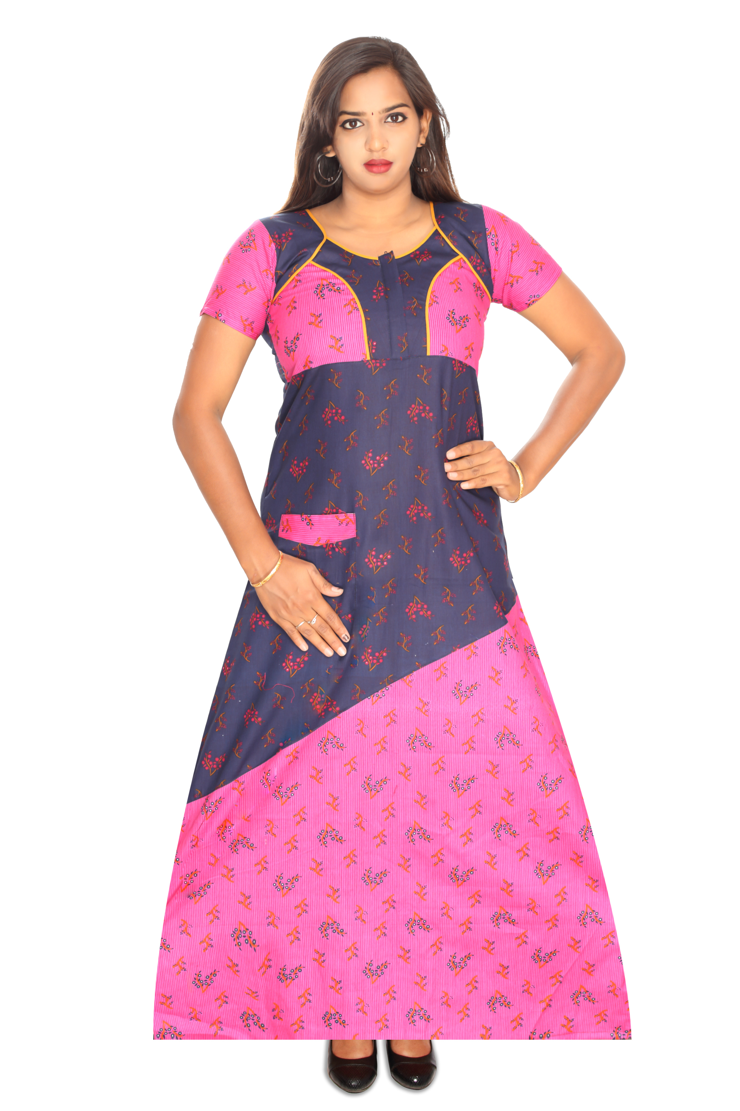 Cotton Nighty - Cotton, Available In Sizes S, M, L, Xl, Xxl, Multicolor | Features Breathable, Washable, Printed, Embroidered, Short Sleeves