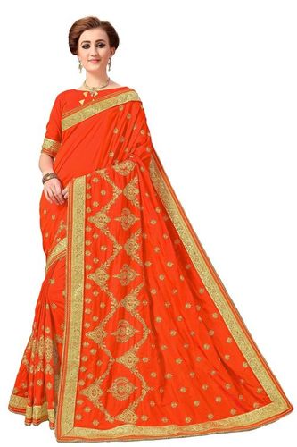 Silk Saree - 5.50 Mtr Length with 0.80 Mtr Unstitched Blouse, Heavy Embroidery with Stone Work, Festive Orange Color