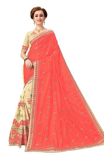 Silk & Georgette Half & Half Saree - 5.50 mtr Length, Orange Color | Heavy Embroidery & Stone Work, Unstitched Blouse Piece for Festive & Party Wear