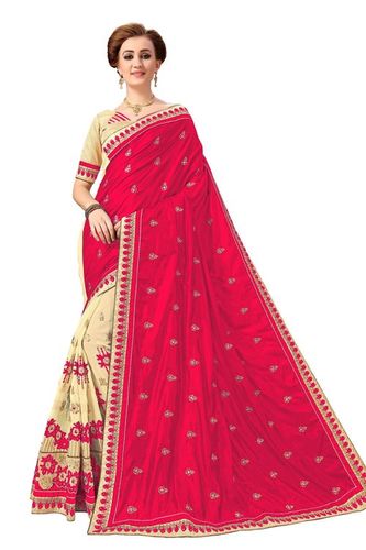 Pink Silk & Georgette Embroidered Saree