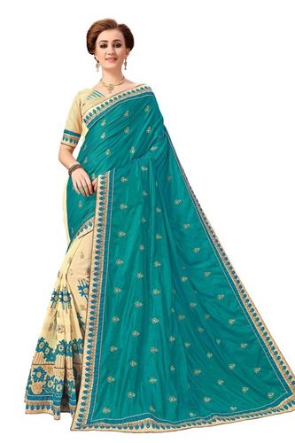 Turquoise Silk & Georgette Embroidery Half & Half Saree