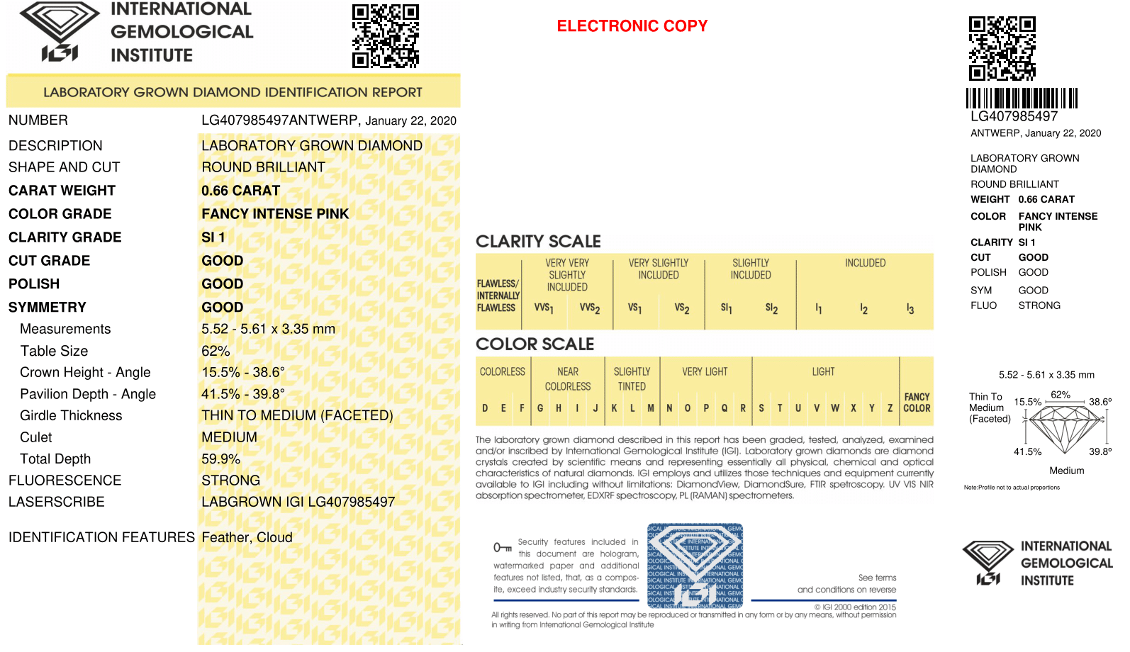 0.66ct Diamond Intense Pink Si1 Igi Certified Lab Grown Cvd Round Brilliant Cut Type2a Very Good