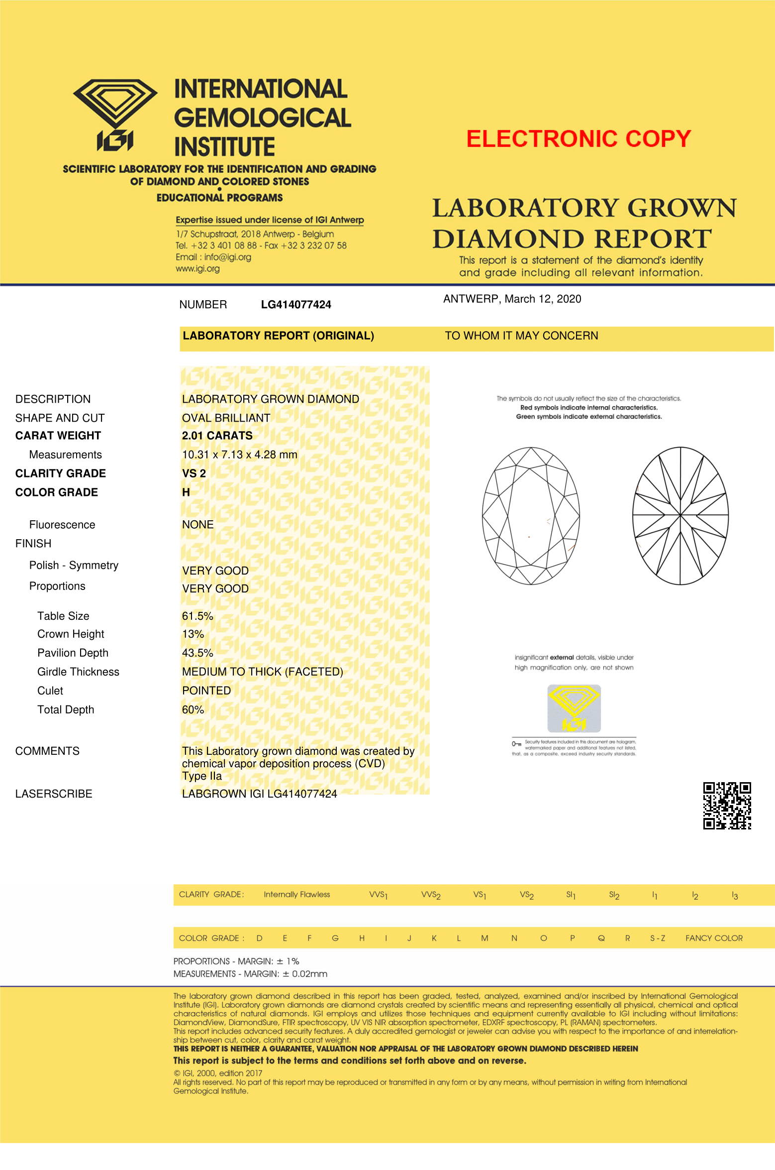 2.02ct Diamond H Vs2 Igi Certified Lab Grown Cvd Oval Brilliant Cut Type2a Very Good
