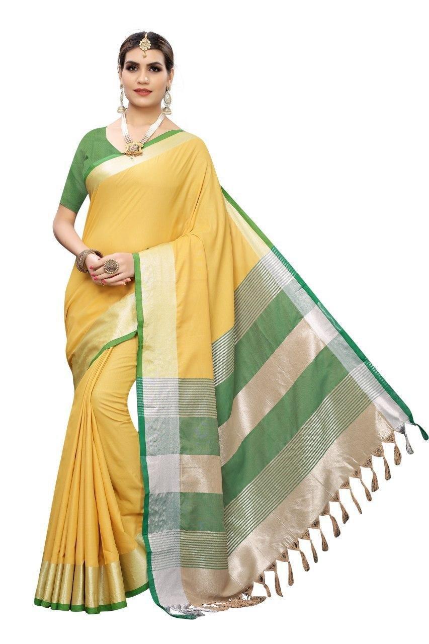 Latest Linen Saree - Linen Blend, Multicolor, Traditional Style | Features Cotton Silk Material, Plain Pattern, Weaving Type, Seasonal Use