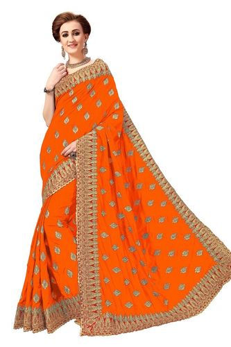 Orange Silk Embroidered Saree With Blouse