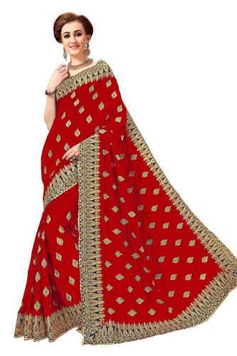 Red Latest Design Silk Embroidered Saree