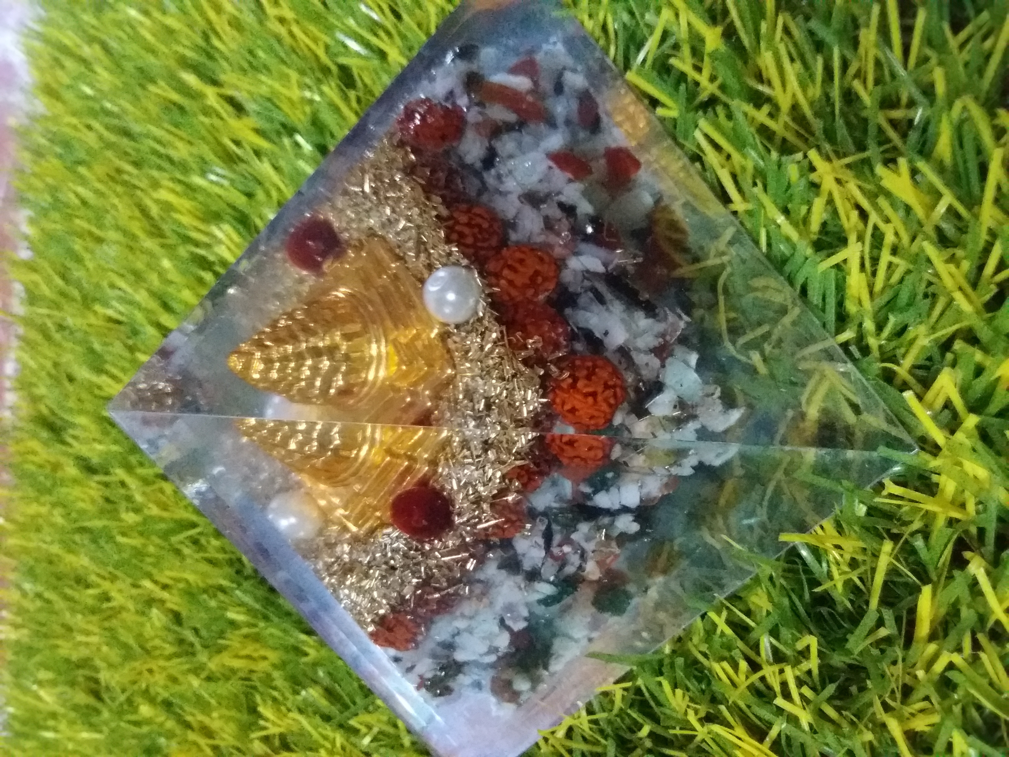New Orgone Shree Yantra Meru With Multi Stone Pyramid - 80mm, Golden Amethyst Triangle Shape, Polished Natural Stone With Multi-colored Cubes