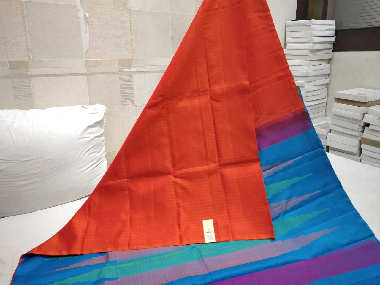 White With Blue Pure Silk Dupion Double Warp Silk