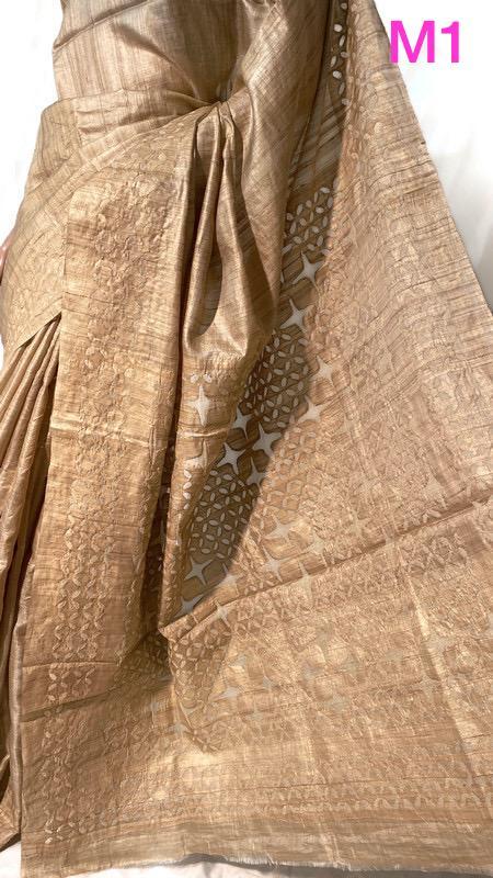 Designer Unique Gorgrous Hand Applique Work On Pure Desi Tussar (Kosa) Silk Saree, With Blouse 6. 5 Mtrs
