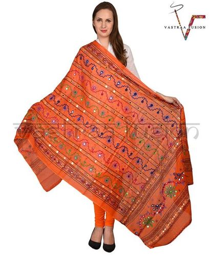 Orange Line Dupatta - Multi Color, 2.20 Mtr Length | Aari Embroidery Design For Casual & Festive Occasions, Weighs 200 Grams