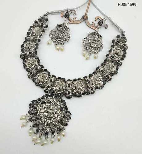 Fancy Silver Oxidized Temple Necklace Set