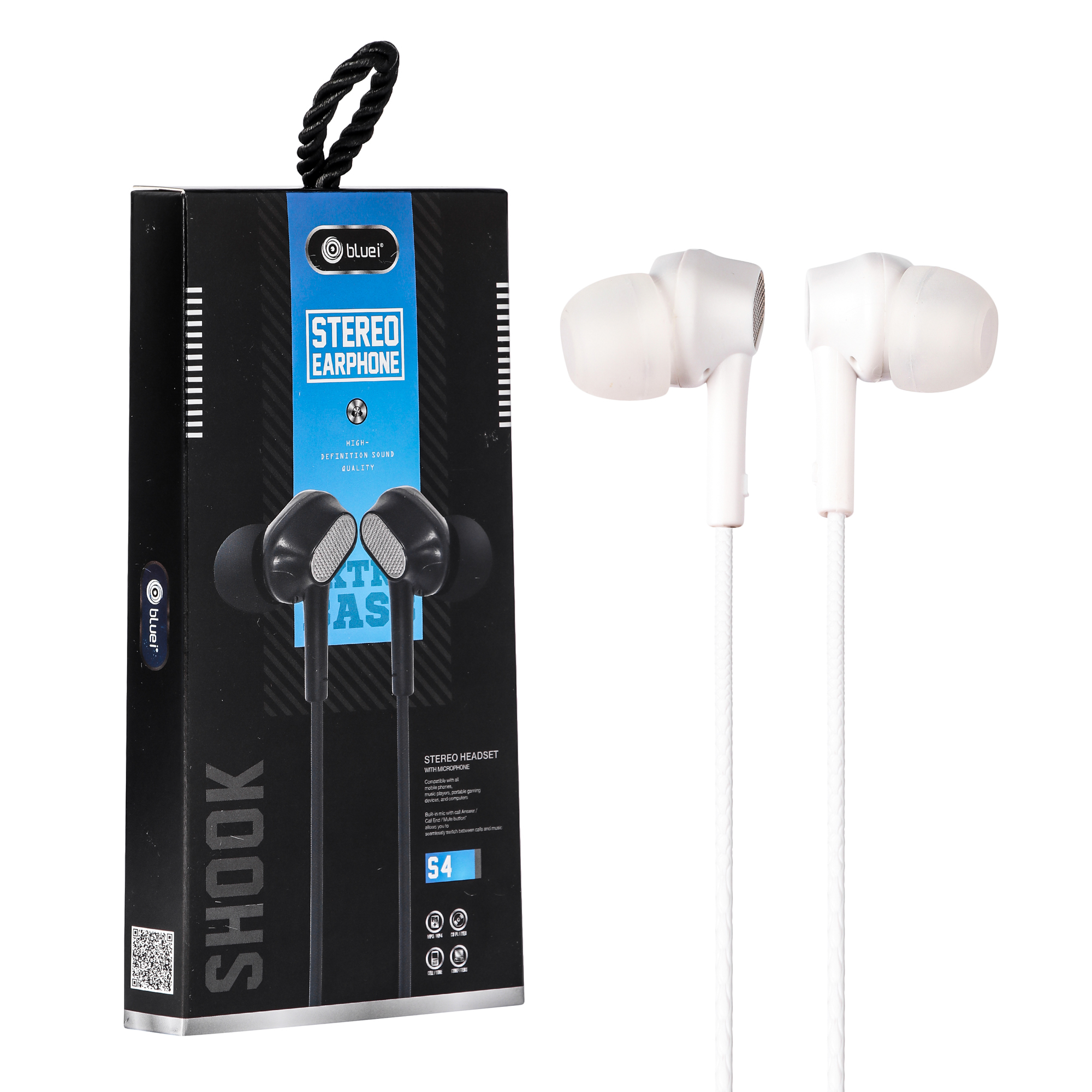 Black & White Bluei Shook S4 3.5mm Jack Heavy Bass Superior Sound Stereo Earphone