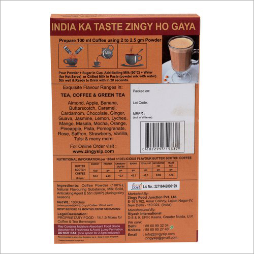 100 Gm Zingysip Instant Butterscotch Coffee - Box Dimensions 5 X 1.75 X 8 Cm, Organic Powder, 18 Months Shelf Life, 2 Pack