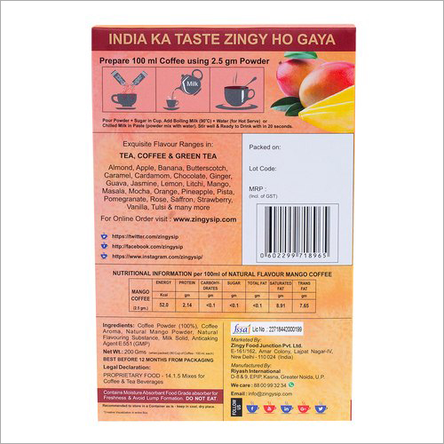 100 Gm Zingysip Instant Mango Coffee - Powder Form, 100 Gm Size, 18 Months Shelf Life | Organic Usage For Hot, Cold, And Iced Coffee