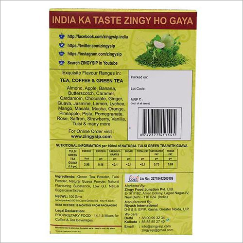 100 Gm Zingysip Green Tea - Organic Guava Flavor Powder | Authentic Blend, Smooth Taste, No Sugar, 18 Months Shelf Life