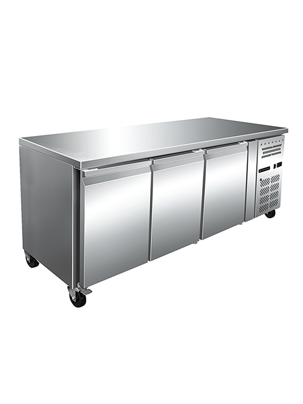 Refrigerated Work Table - Stainless Steel, 1360x700x850 Mm, White | 282l Capacity, Ventilated Cooling, Eco-friendly Design, 2 Doors, 2 Shelves, Plc Control