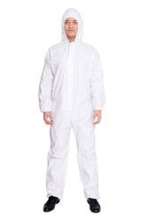 Medical Disposable Gown - Sms Material, Universal Size, White Color | Long Sleeves, Attached Hood, Zipper Closure