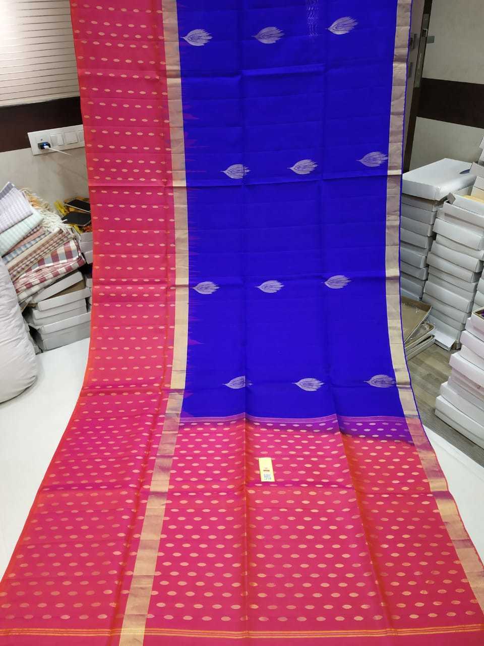 Pure Silk Turning Border Silk Saree - Soft Double Warp Silk, Blue With Pink Color, Festive Occasion, All Over Zari Work, Elegant Leaf Butta Design, Unique Contrast Rich Pallu And Blouse
