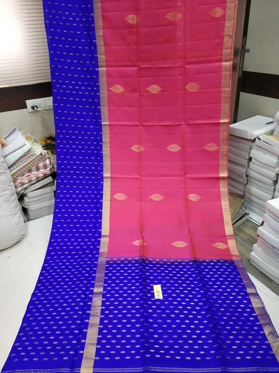 Pure Silk Double Saree - Soft Silk With Rich Contrast Pallu And Blouse All Over Turning Jarie Weaving And Leaf Butta In Unique Pink And Blue Color Combinations Customized Size And Stitching For Women