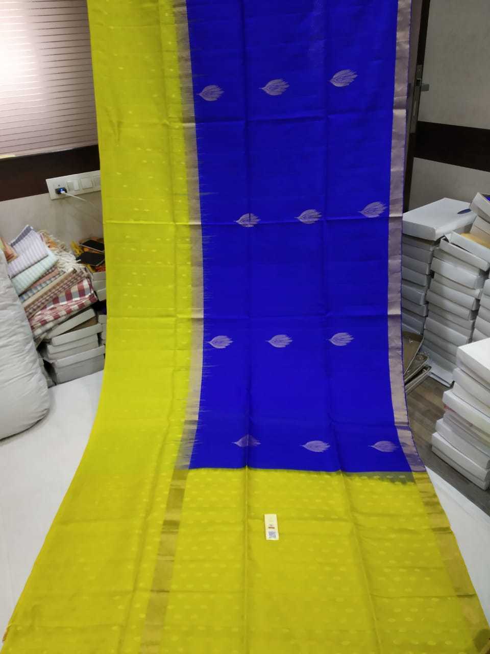 Designer Soft Silk Saree - Soft Silk With Turning Border And Rich Pallu | Sky Blue And Yellow Color Combination, All Over Zari Work, Elegant Leaf Butta Pattern