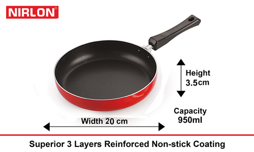 Nirlon Aluminium Non-Stick Frying Pan, 20 cm - Aluminium Alloy, 3 Layer Non-Stick Coating, Red Color, 1.1 Liters Capacity, 2.6 mm Thickness, 320 g Weight, 1 Year Warranty